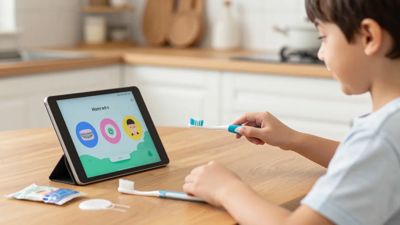 Dítě a rodič společně čistí zuby pomocí časovače a aplikace během denní rutiny.