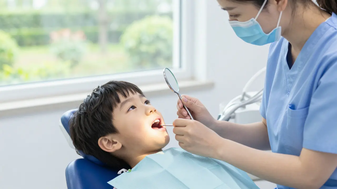 Dítě na zubním křesle během kontrolní návštěvy s lékařkou.
