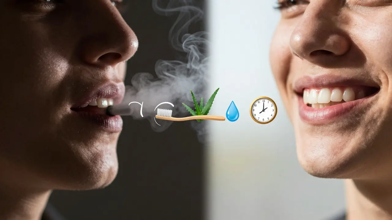 Dvě strany: poškozené dásně u kuřáka a zdravé dásně u nekuřáka, symbolizující prevenci.