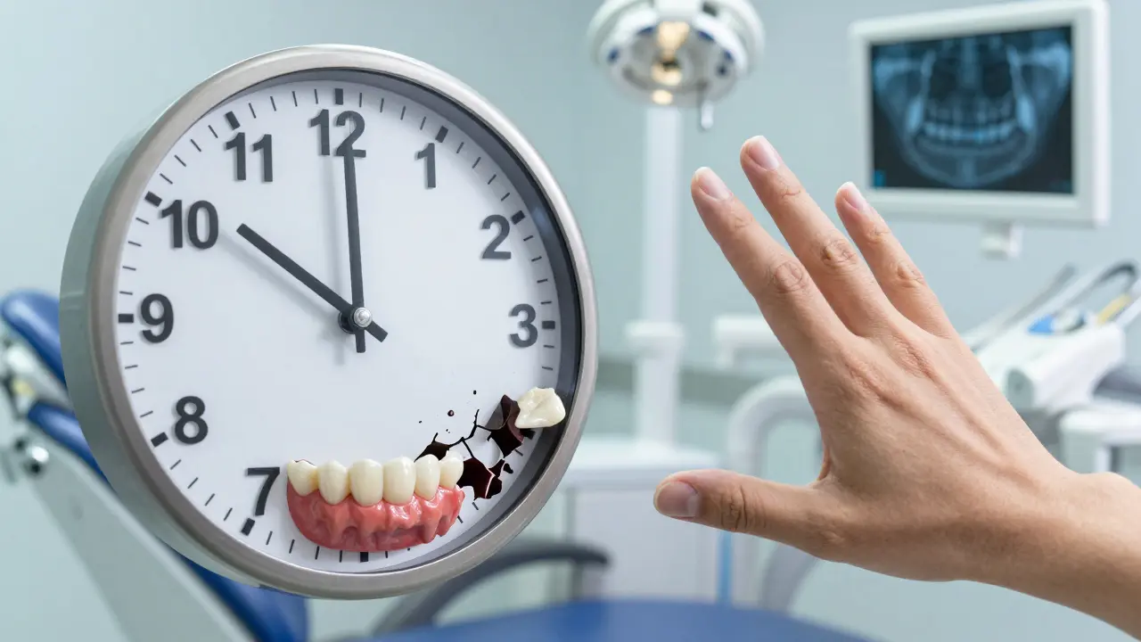 Hodiny ukazují 48 hodin nad poškozenými předními zuby, symbolizující zpožděnou péči.