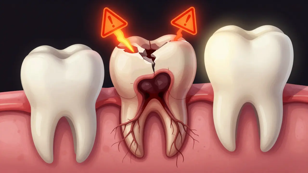 Infected tooth spreading decay through jawbone, with healthy tooth in background.