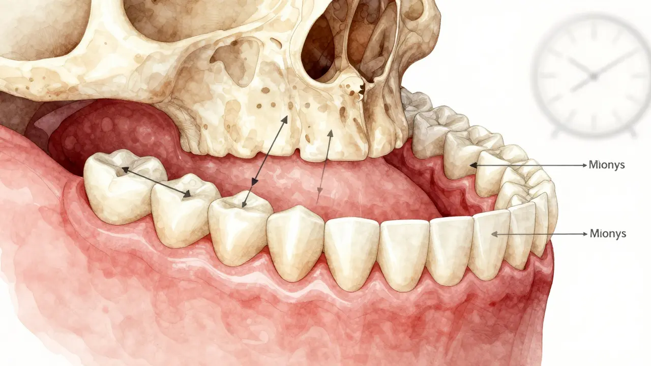 Křížový řez čelisti s šipkami ukazujícími pomalý posun zubů do rovnoměrné řady.