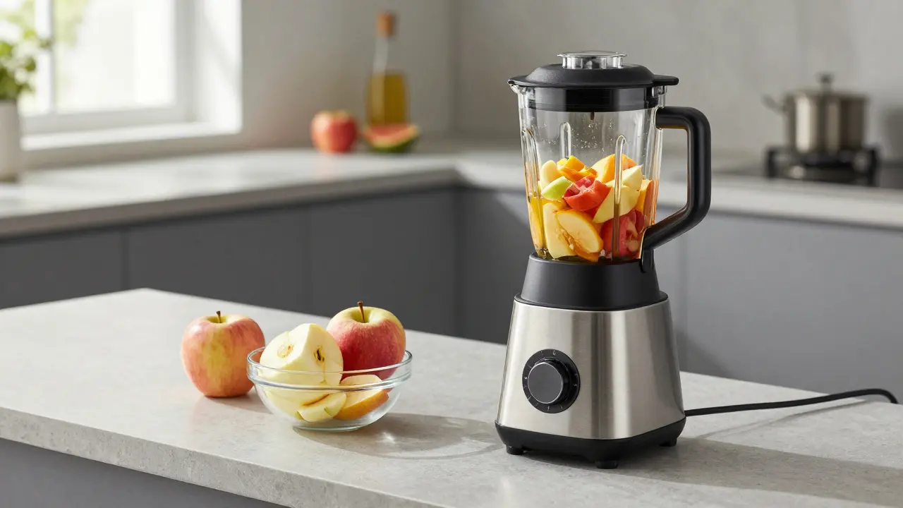 Mixer připravuje ovocné pyré na mírnou stravu při nošení rovnátek.