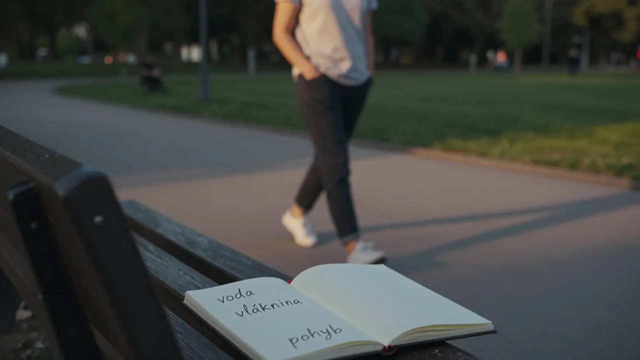 Osoba prochází parkem ve večerním světle, na lavičce leží sešit s poznámkami o vodě, vláknině a pohybu.