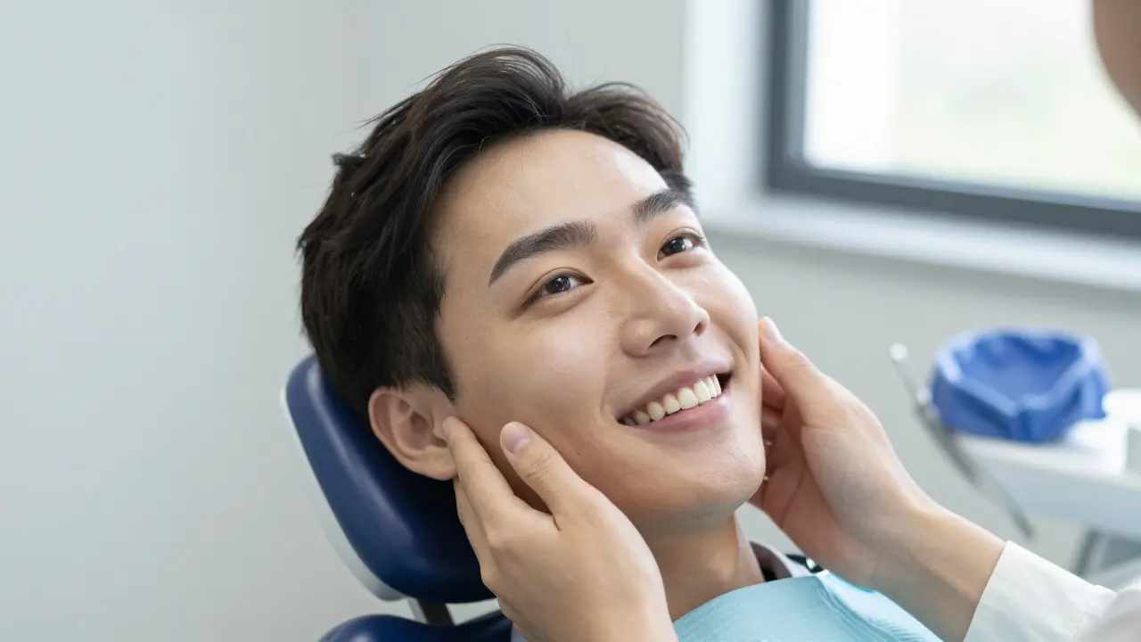 Patient smiling with natural-looking ceramic dental crown after implant treatment.