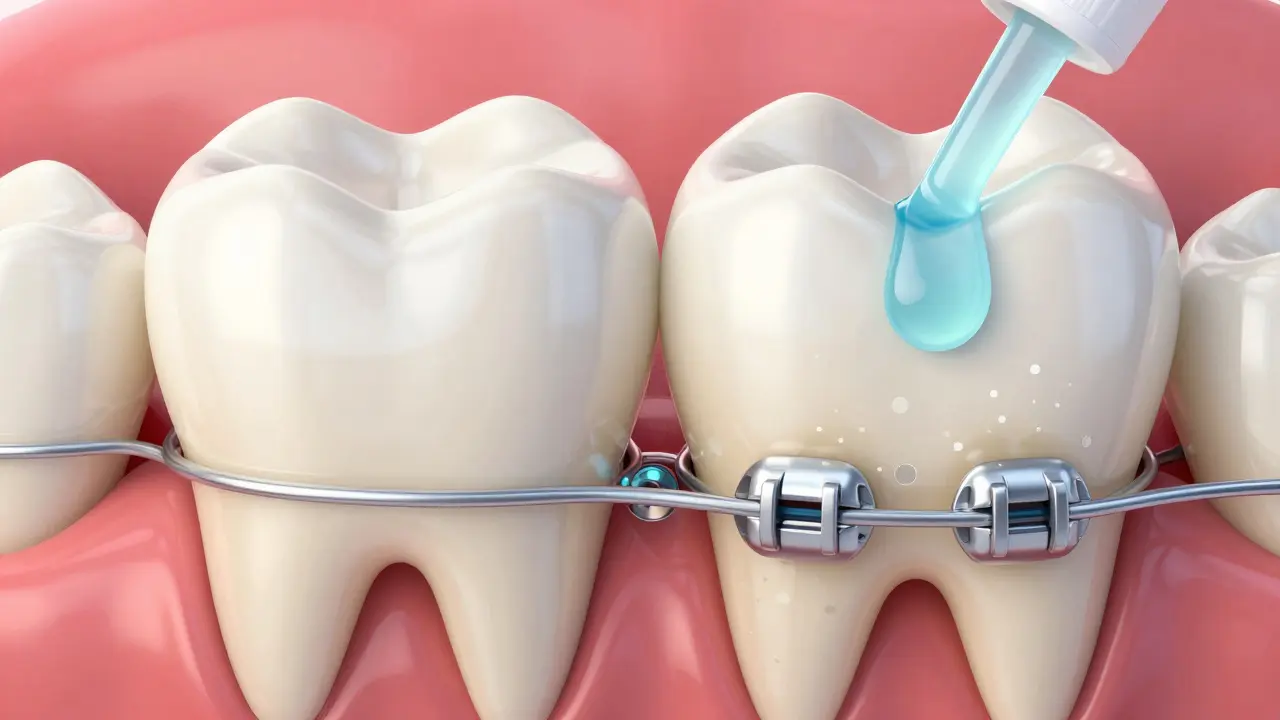 Porovnání zdravého zubu s bílou skvrnou kolem rovnátka a mikroskopickým plakem.