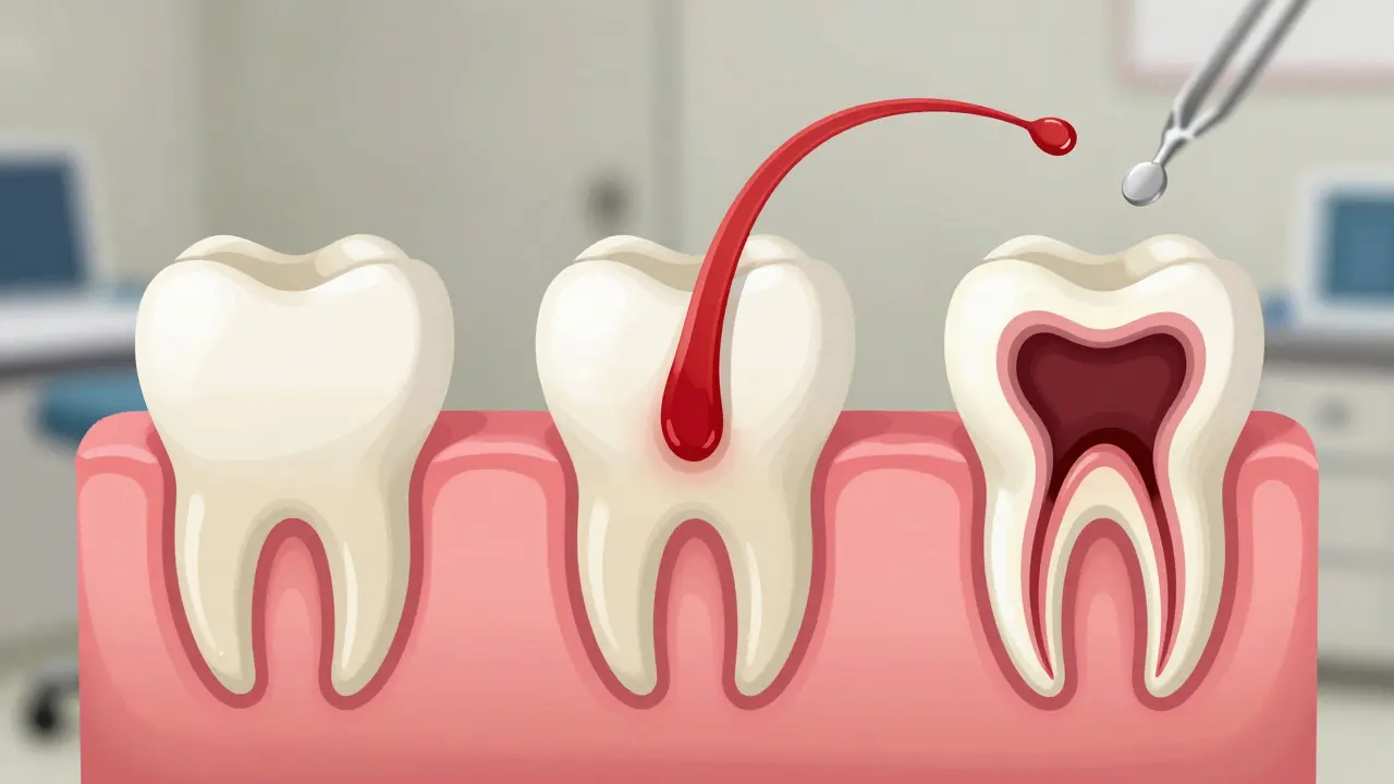 Postupný vývoj zubního kazu od emailu až po důl v dentinu