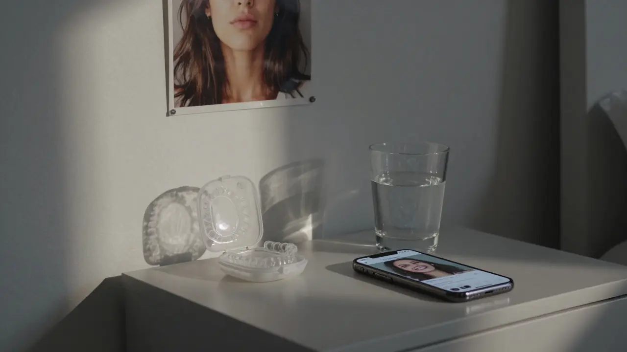 Prázdná noční lampa s rovnátkem a sociální fotografií volného úsměvu na telefonu.