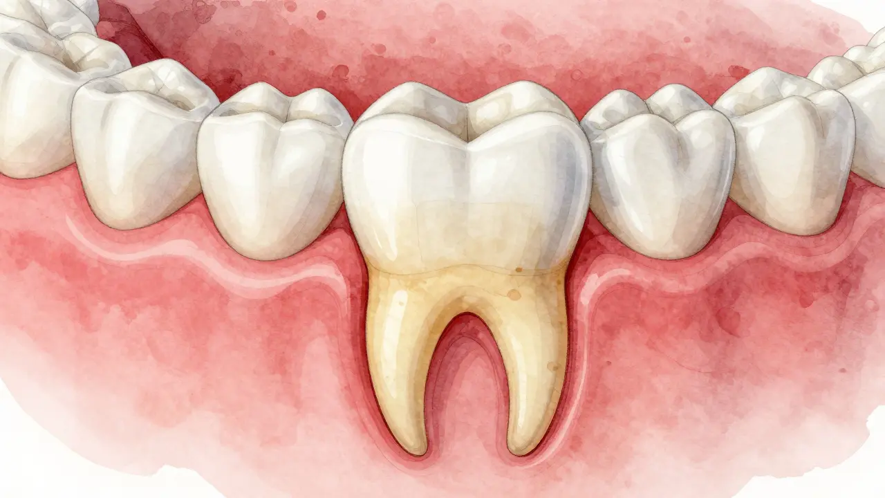 Příčný řez zubem s tenkou keramickou fází překrývající žlutou dentinu a skvrny od kávy.