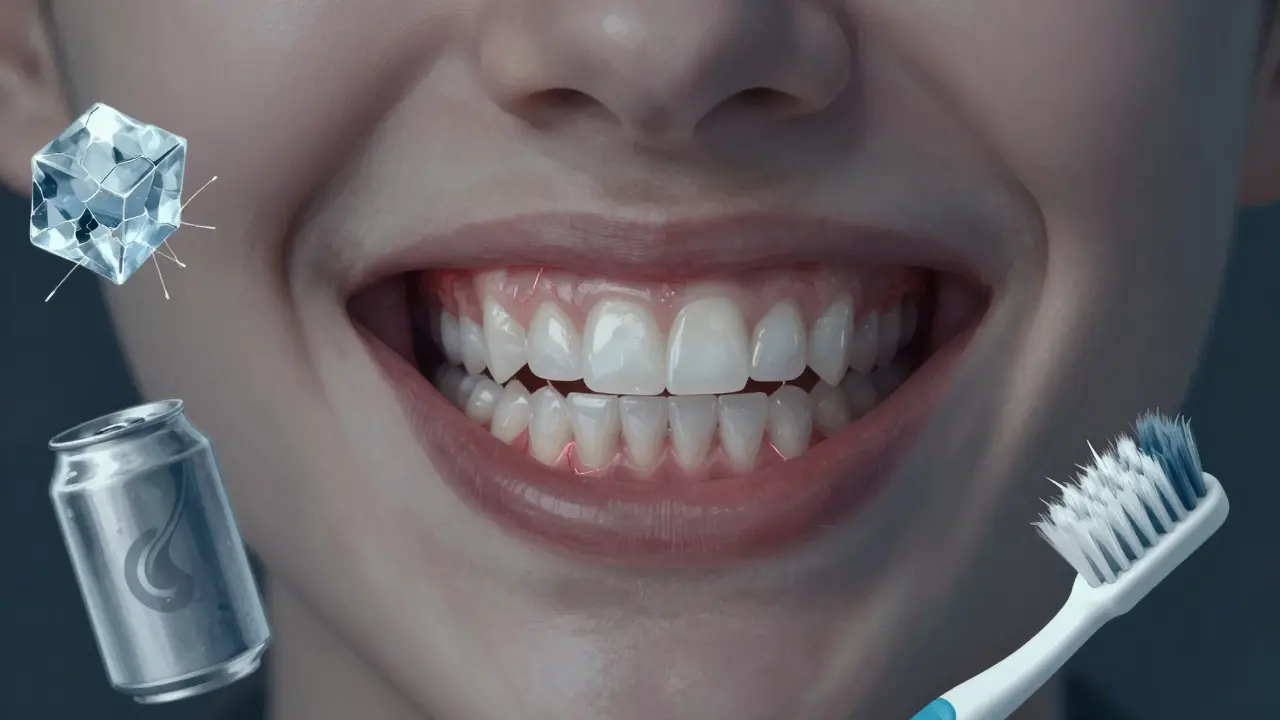 Průhledné přední zuby s odhalenými nervy a varovnými symboly špatných návyků.