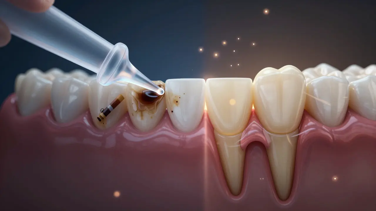 Rozdělený úsměv: jedna strana s povrchovými skvrnami, druhá s přirozeně žlutou sklovinkou.