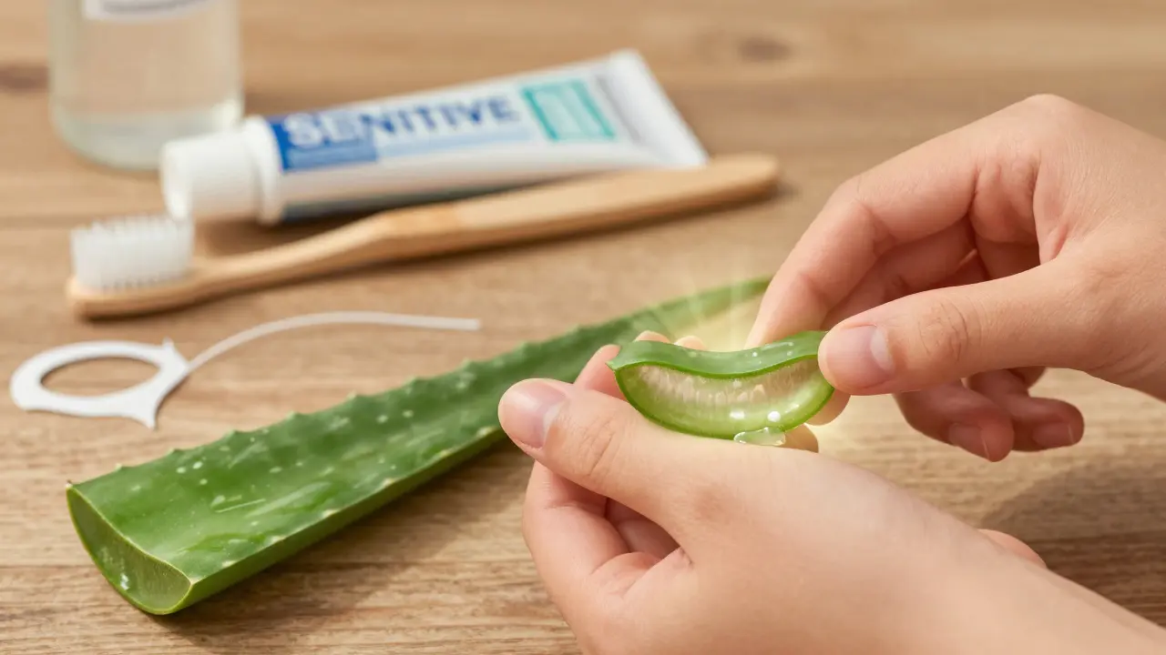 Ruka aplikuje gel aloe vera na zánětlivé dásně s čerstvým listem vedle.