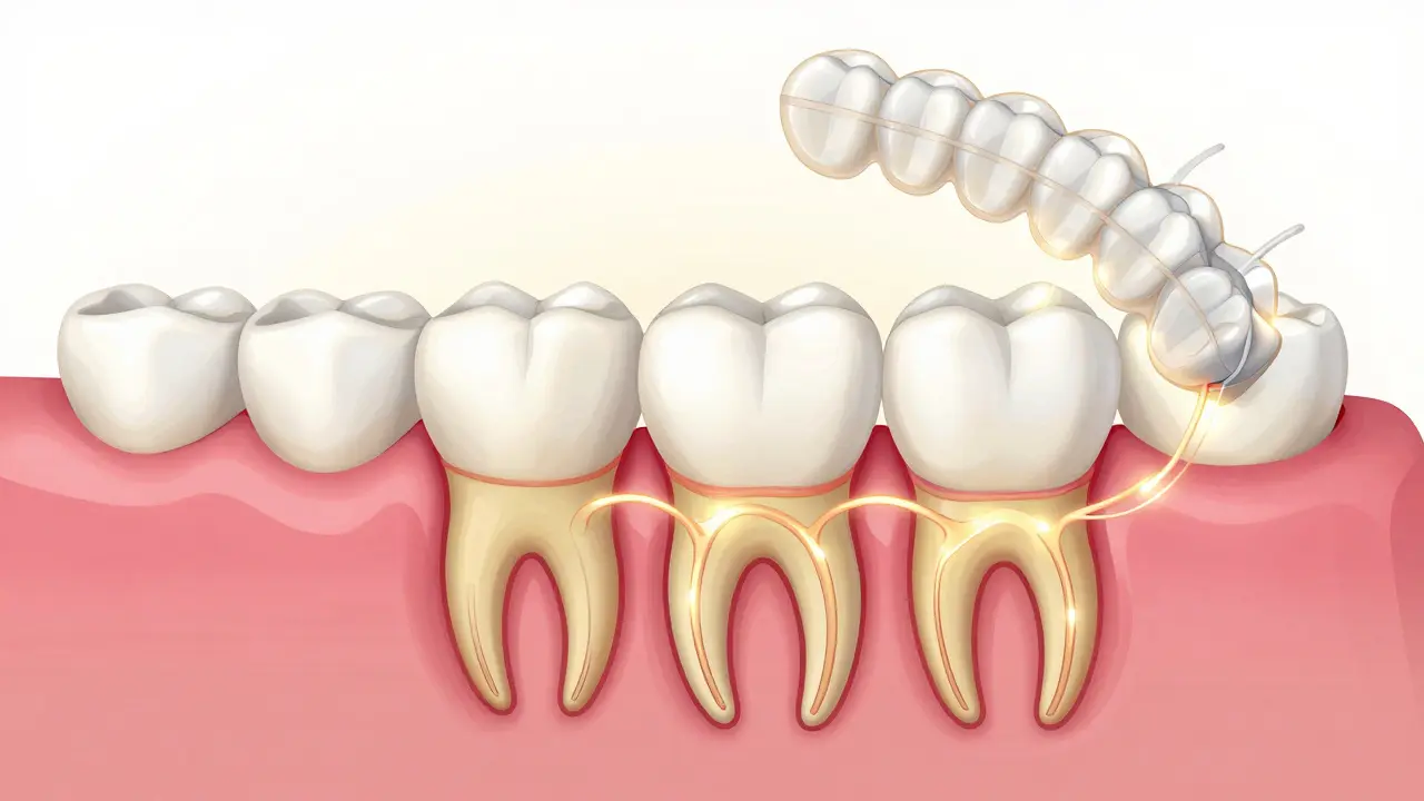 Schéma tlaku na zuby během ortodontické léčby