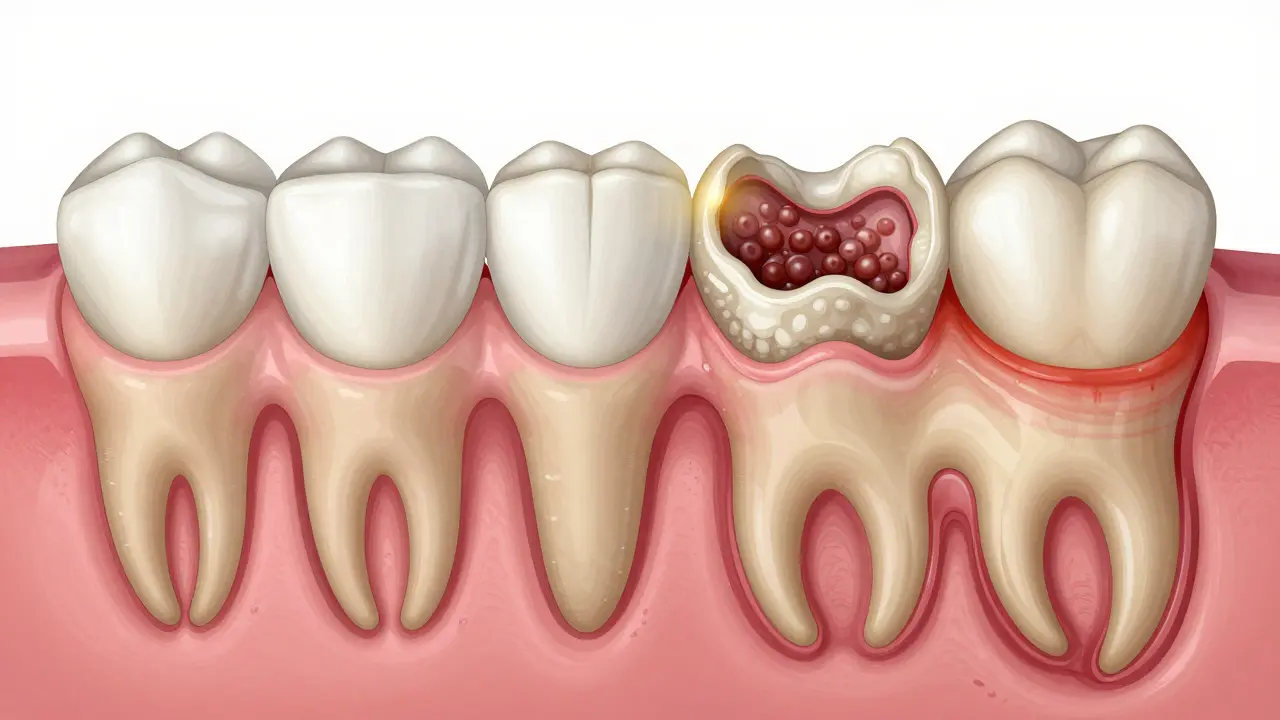 Side-by-side comparison of healthy gums and receded gums with infected tooth roots.