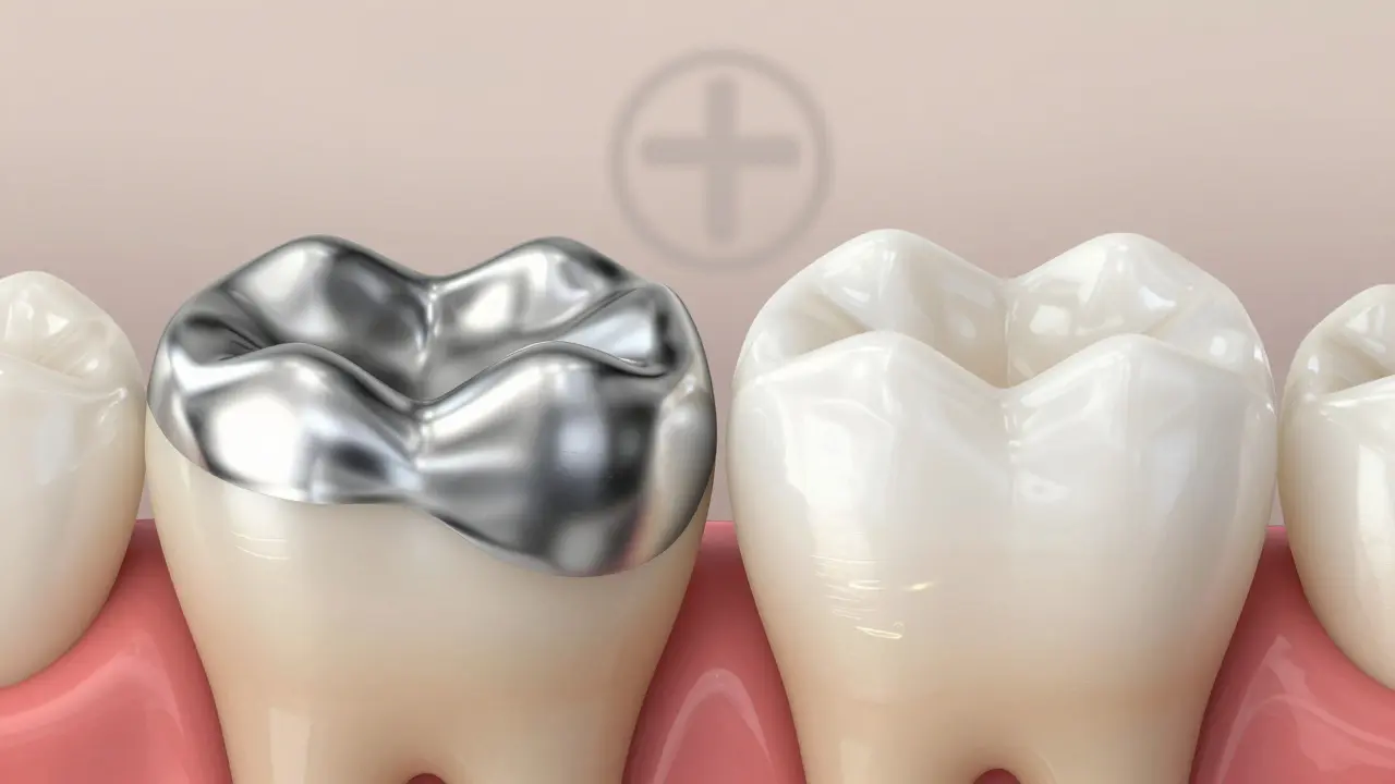 Side view of two teeth: one with old silver filling, the other with modern white filling showing mineral repair around it.