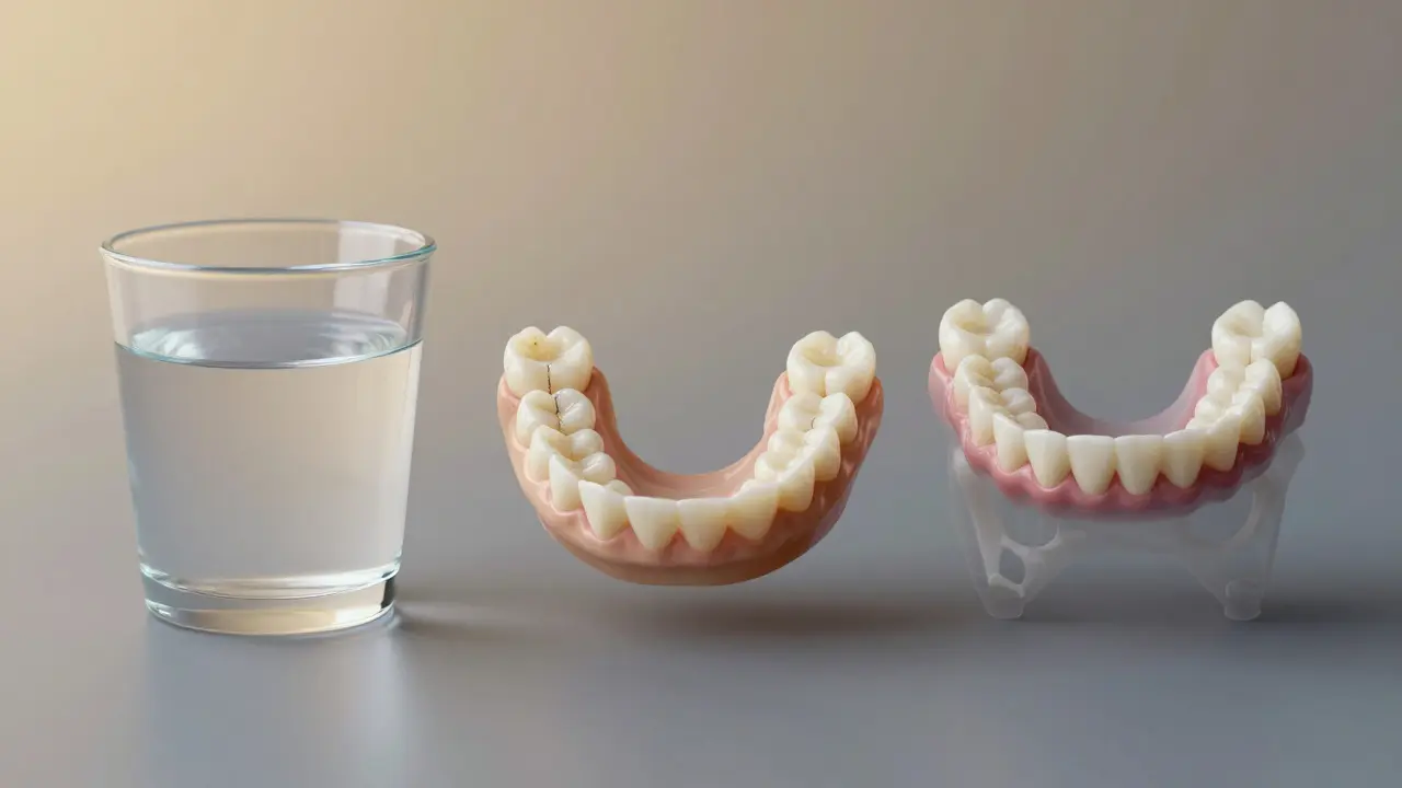 Srovnání nových, opotřebovaných a poškozených nasazovacích zubů s zdravou čelistí.