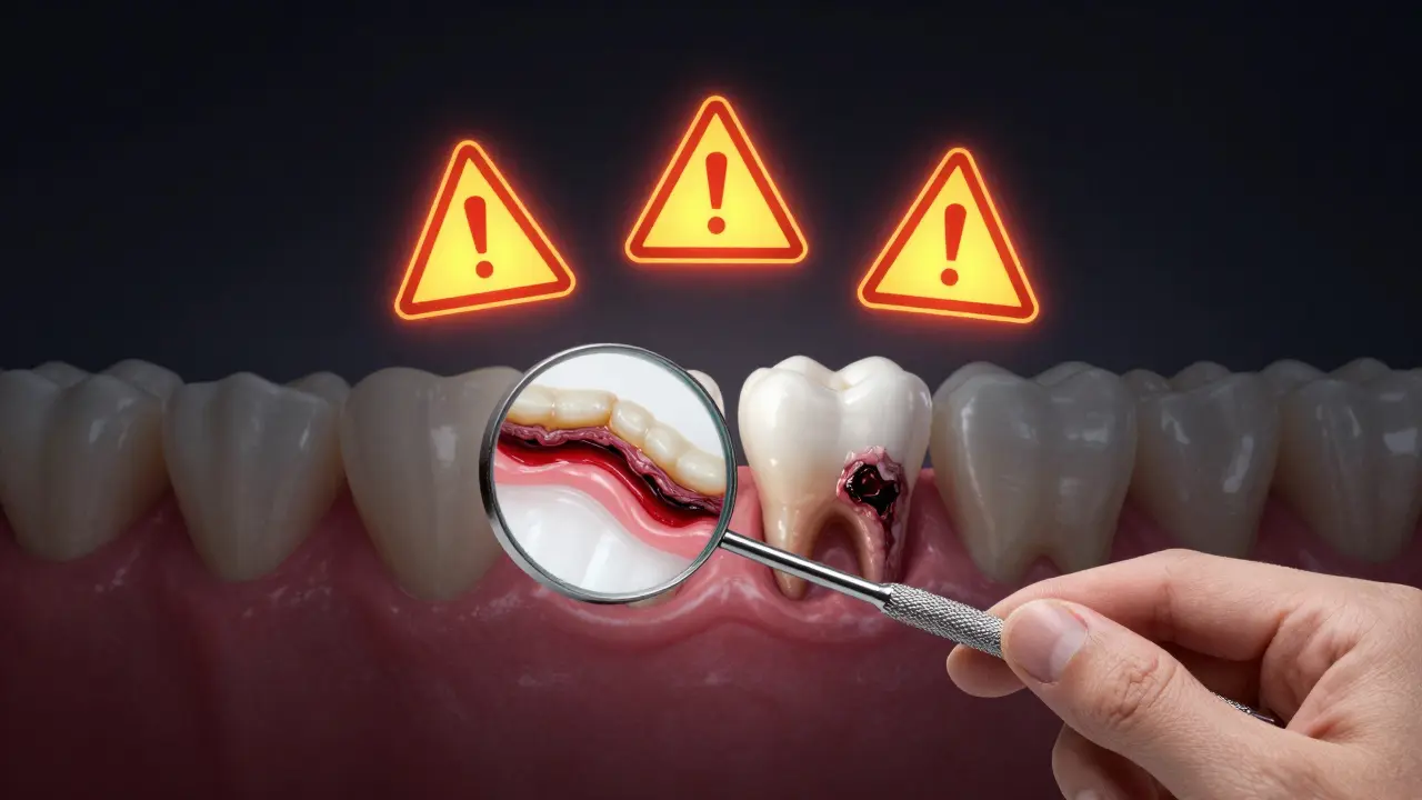 Symbolický obraz dentálního zrcátka ukazující rozdíl mezi zdravými a nemocnými dásněmi.