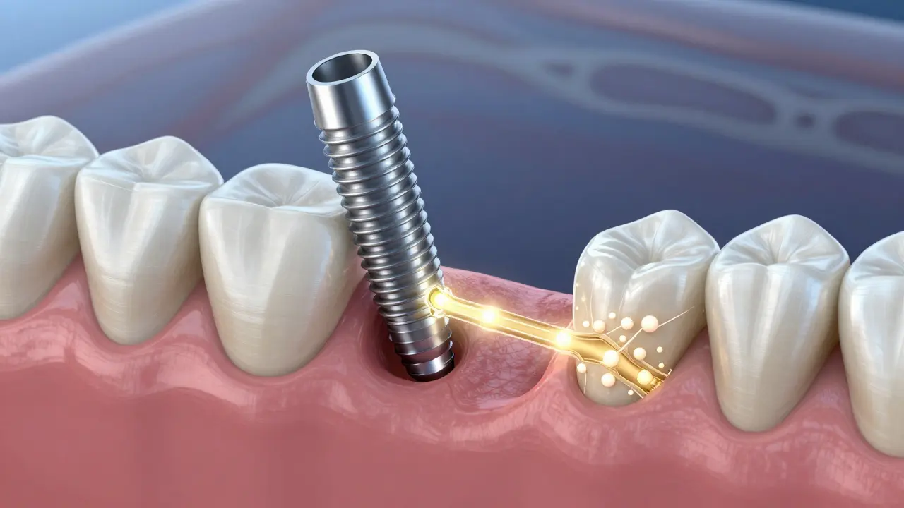 Titanium dental implant integrating with jawbone tissue through osteointegration.