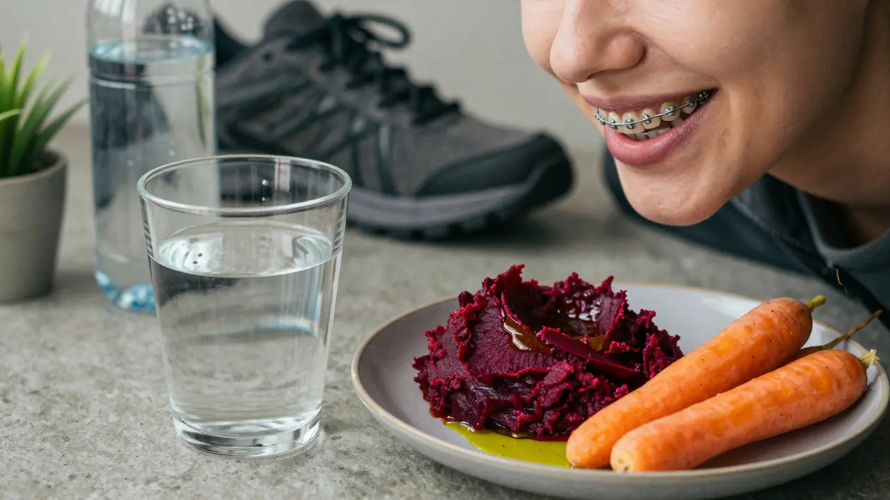 Vařená řepa a mrkev s olivovým olejem vedle sklenice vody, s viditelnými rovnátky na zubech.