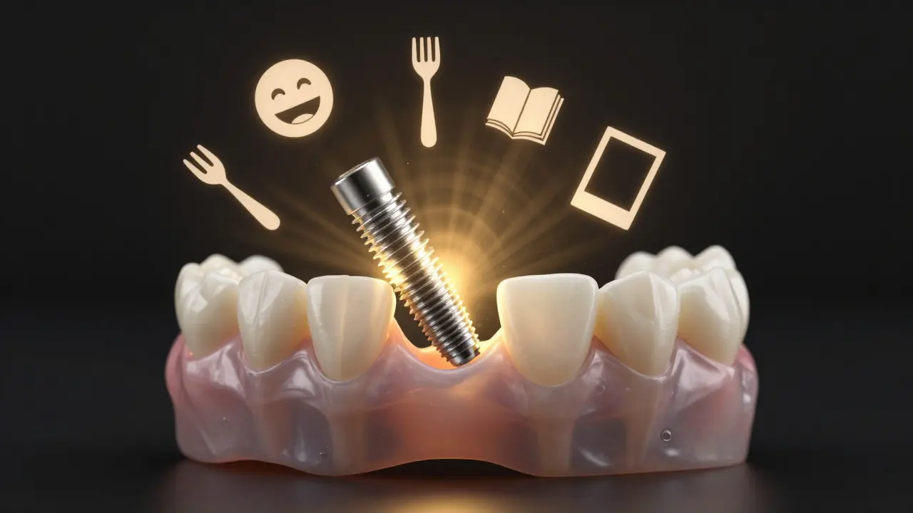 Zubní implantát se přirostá k čelisti, září zlatou světlem jako symbol obnovy.