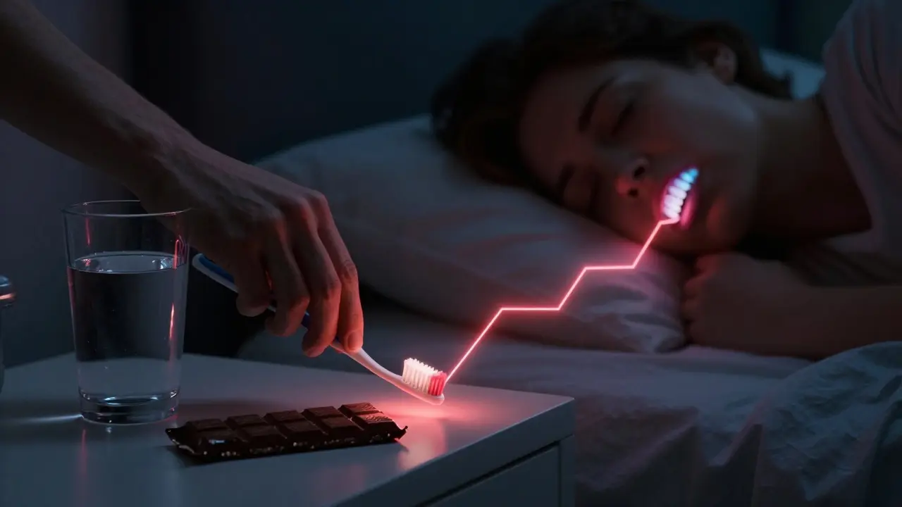 Zubní kartáč a čokoláda na nočním stolku před spaním