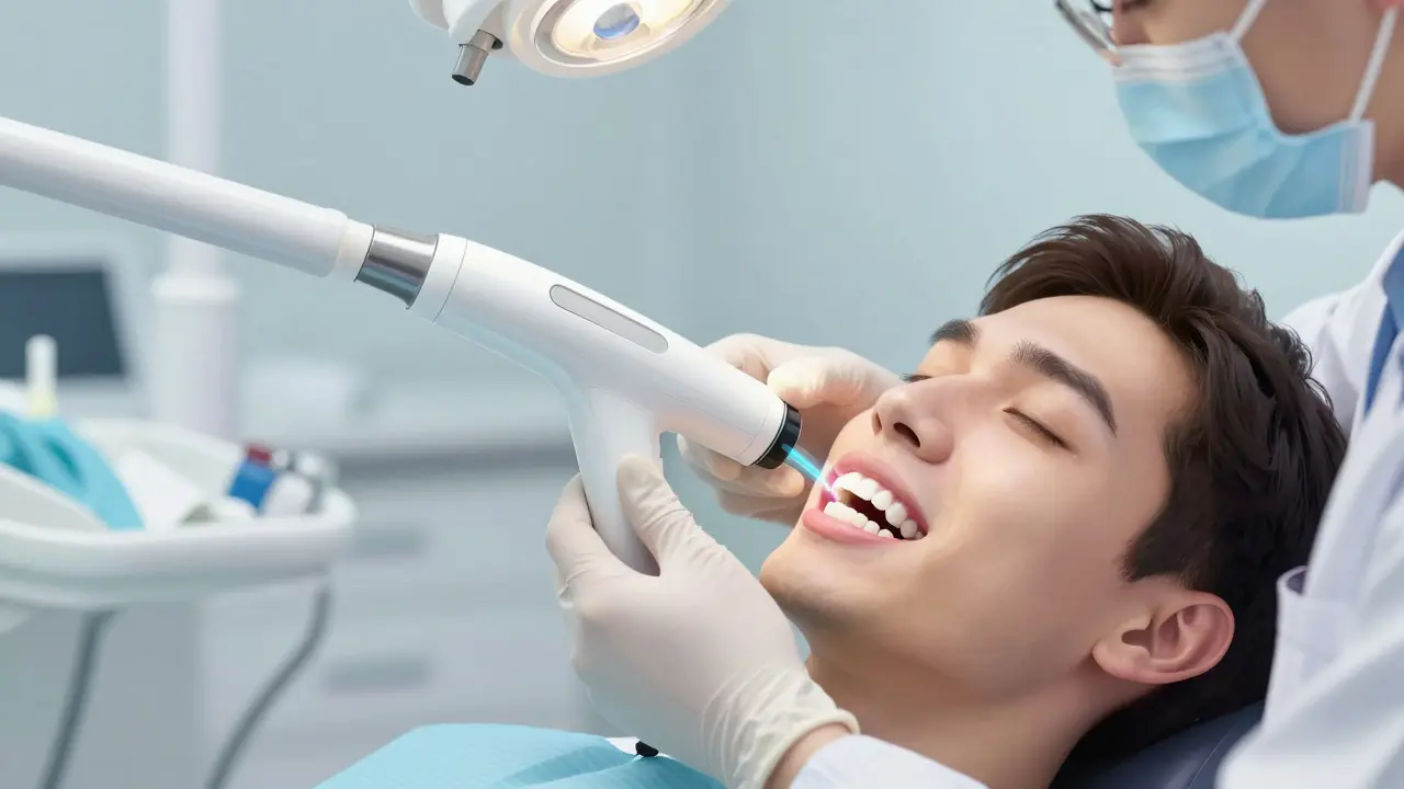 Zubní lékař používá 3D skener k vyšetření mezery mezi zuby.