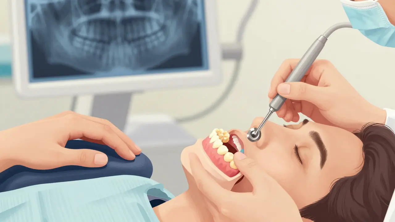 Zubní lékař upravuje nasazovací zuby pacientovi v klinice.