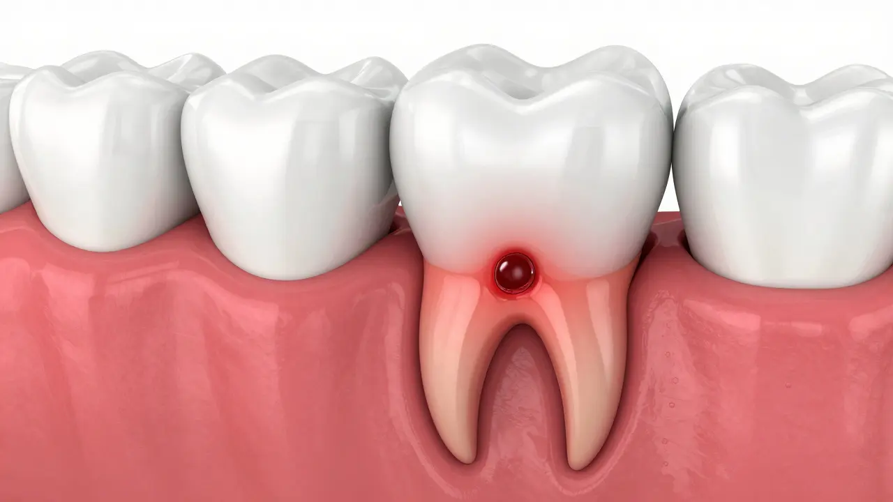 3D ilustrace zubního abscesu s zánětem u kořene zubu.