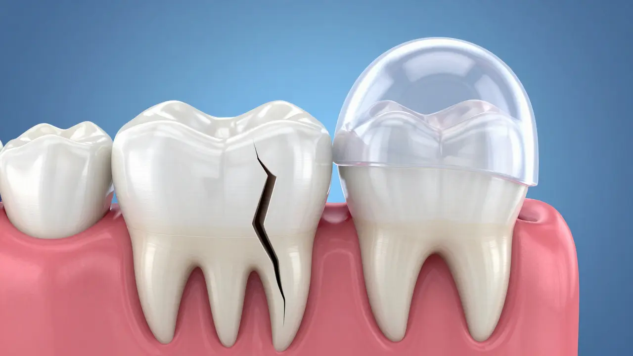 3D model zubu s hlubokou prasklinou a ochrannou keramickou korunkou.