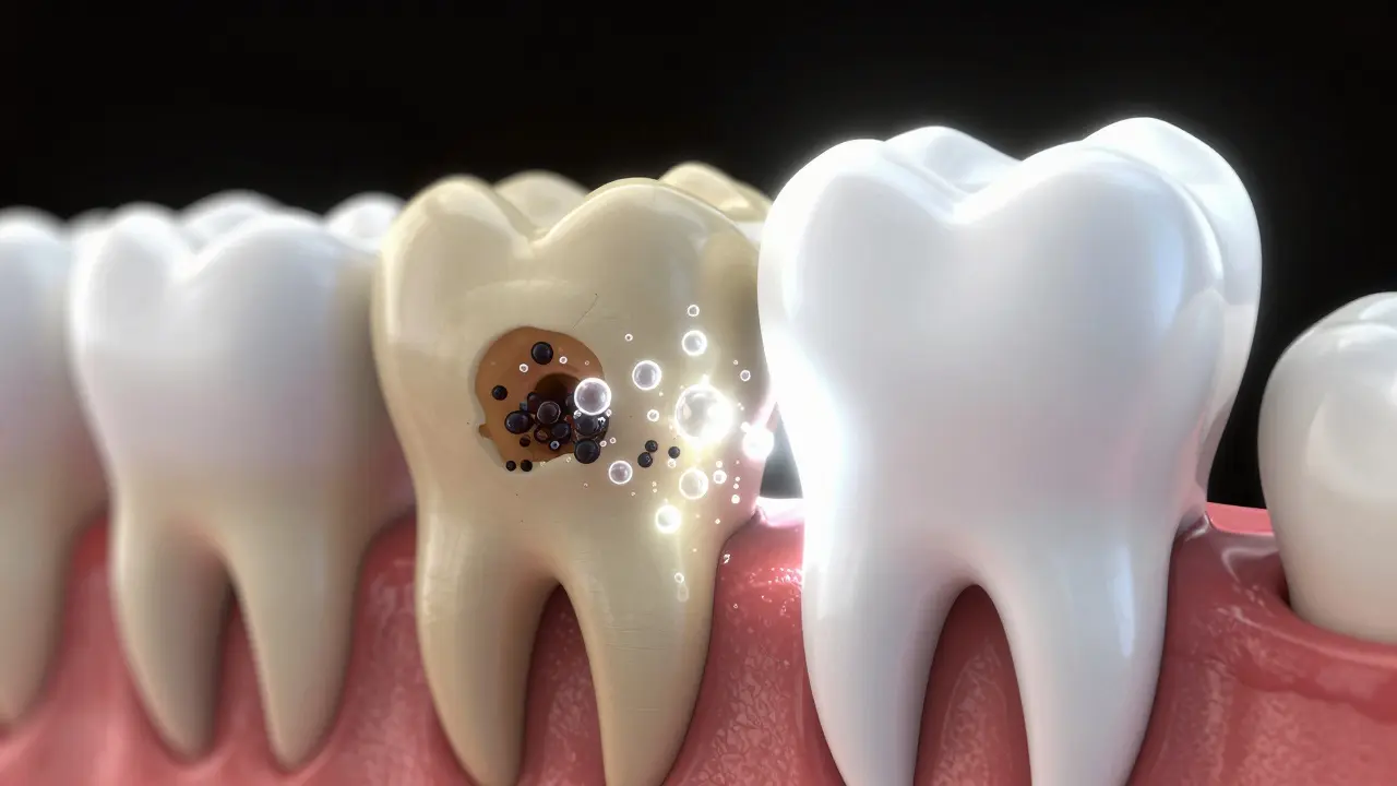3D vizualizace procesu bělení zubů, kde kyslík odstraňuje pigmenty ze skloviny.