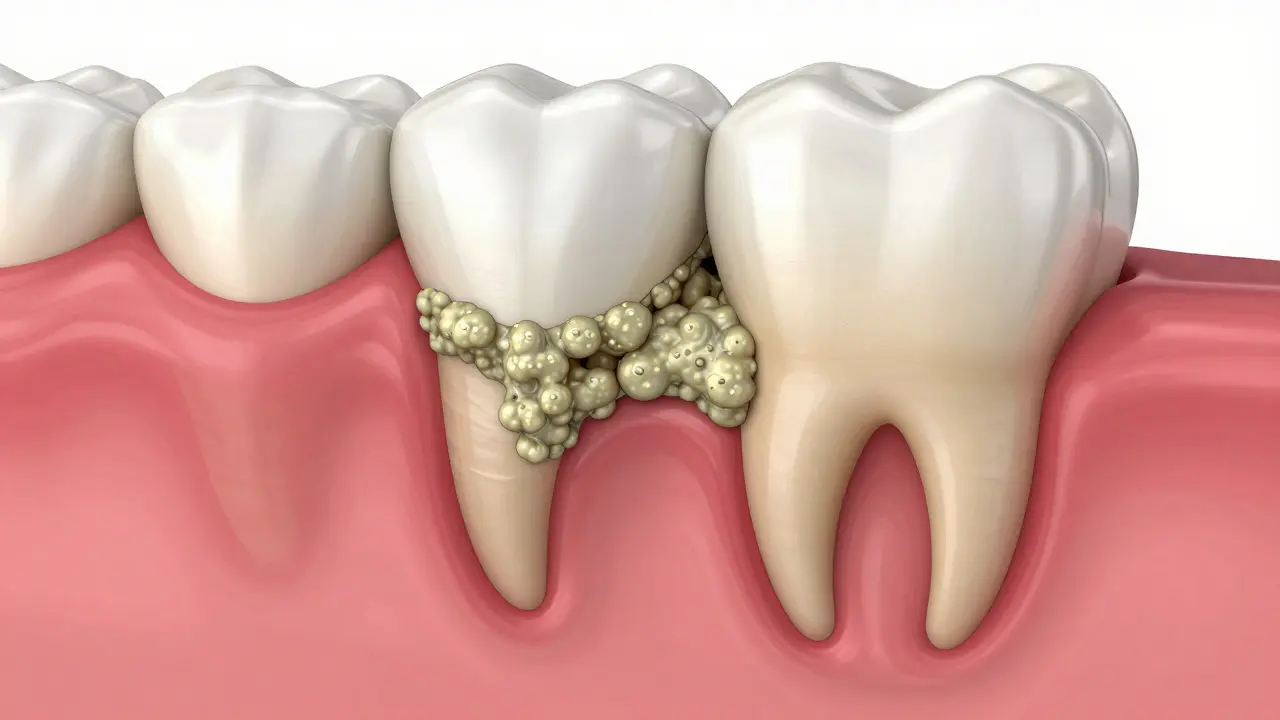 Anatomický detail zubního kamene a červených, zapálených dásní.