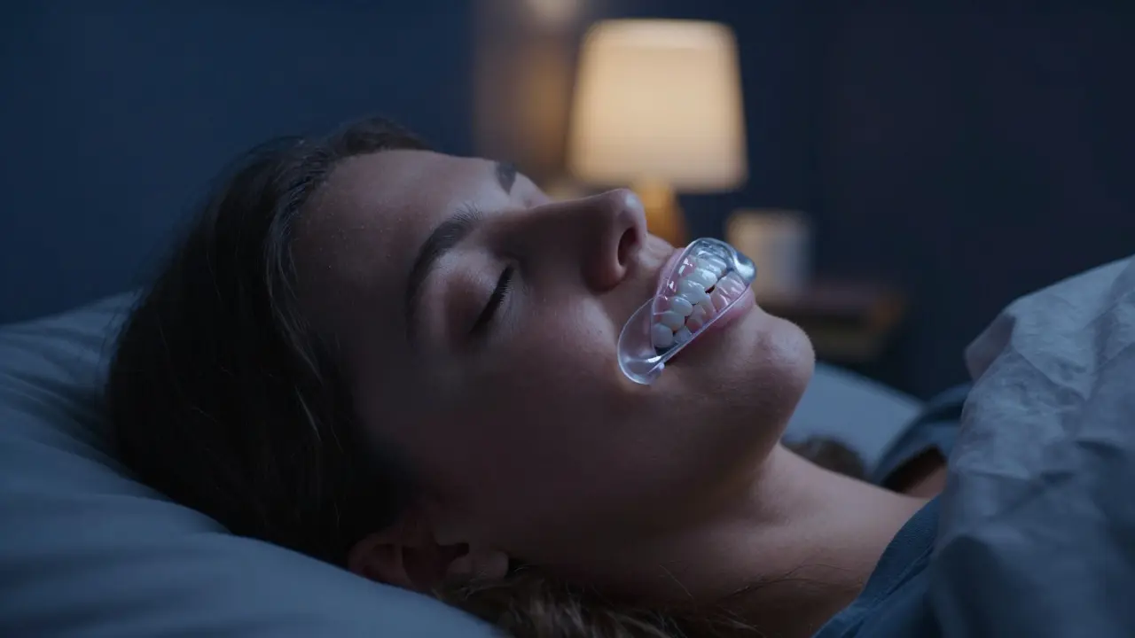 Detail člověka spícího s ochrannou stomatologickou dlahou na zubech.