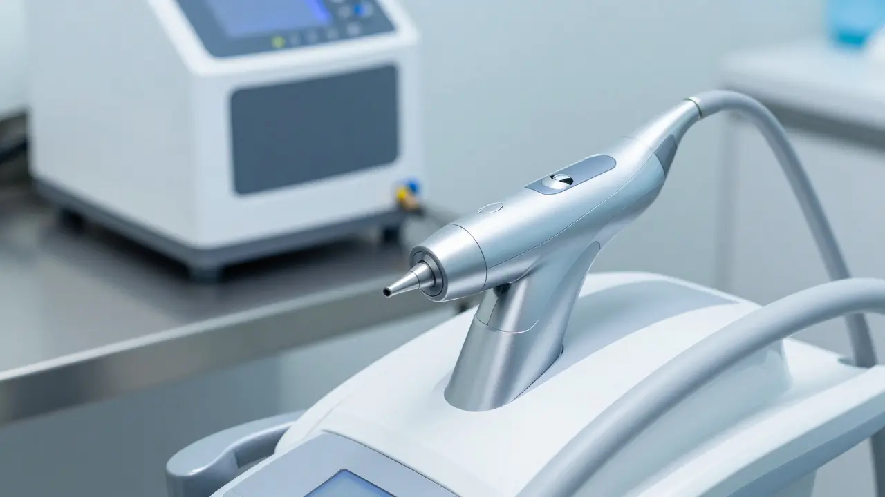 Detail moderního ultrasonického čističe a vybavení pro dentální hygienu.