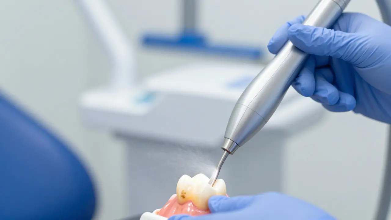 Detail ultrazvukového čištění zubů v moderní zubní ordinaci