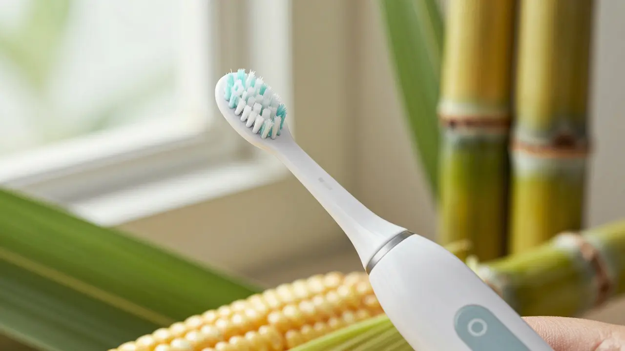 Detail vyměnitelný hlavičky sonického kartáčku s prvky přírody symbolizujícími bioplast.