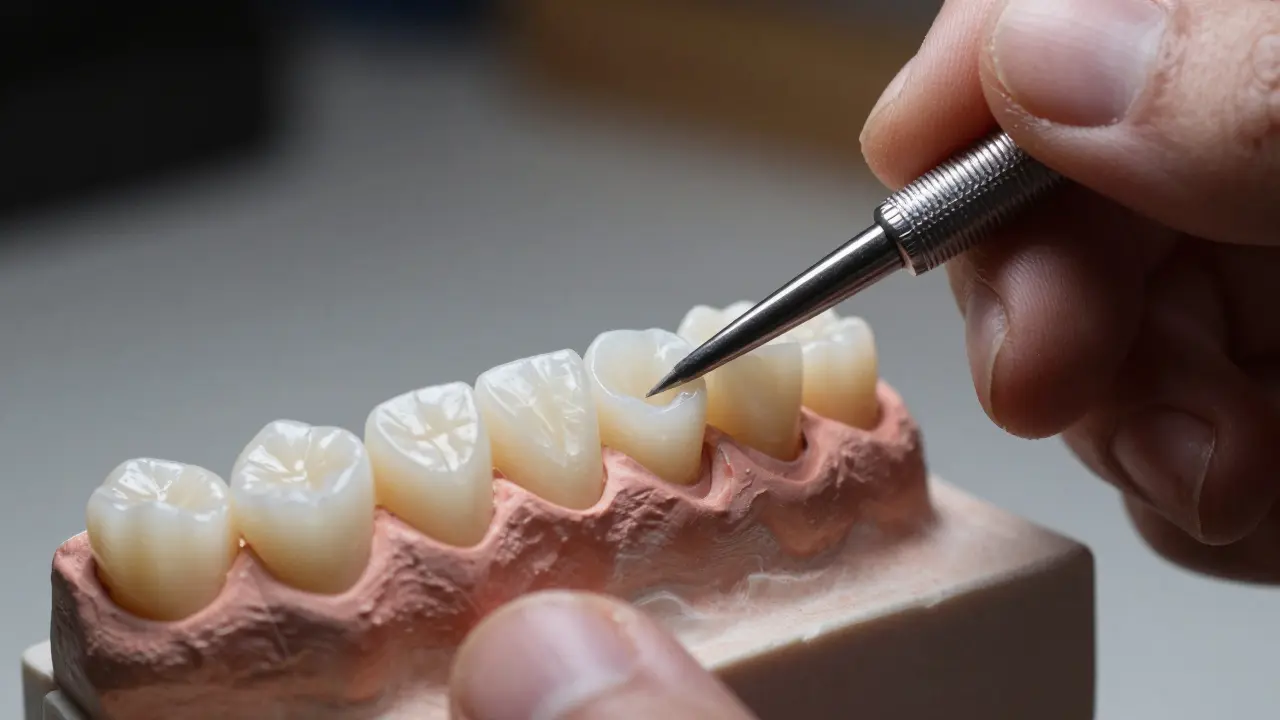 Detailní výroba celokeramické fuzety zubním technikem v laboratoři.