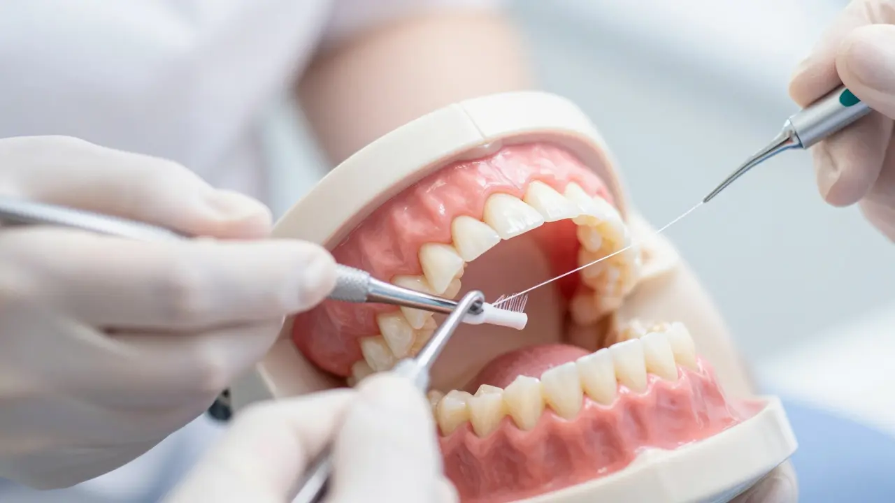 Detailní záběr na profesionální čištění mezern mezi premoláry pomocí mezizubního kartáčku.