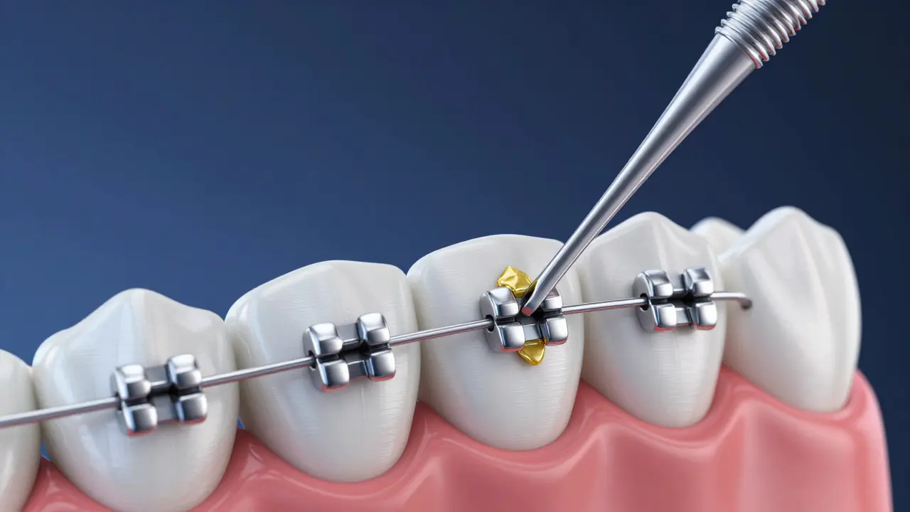 Detailní znázornění čištění pod drátkem rovnátka mezerním kartáčkem.