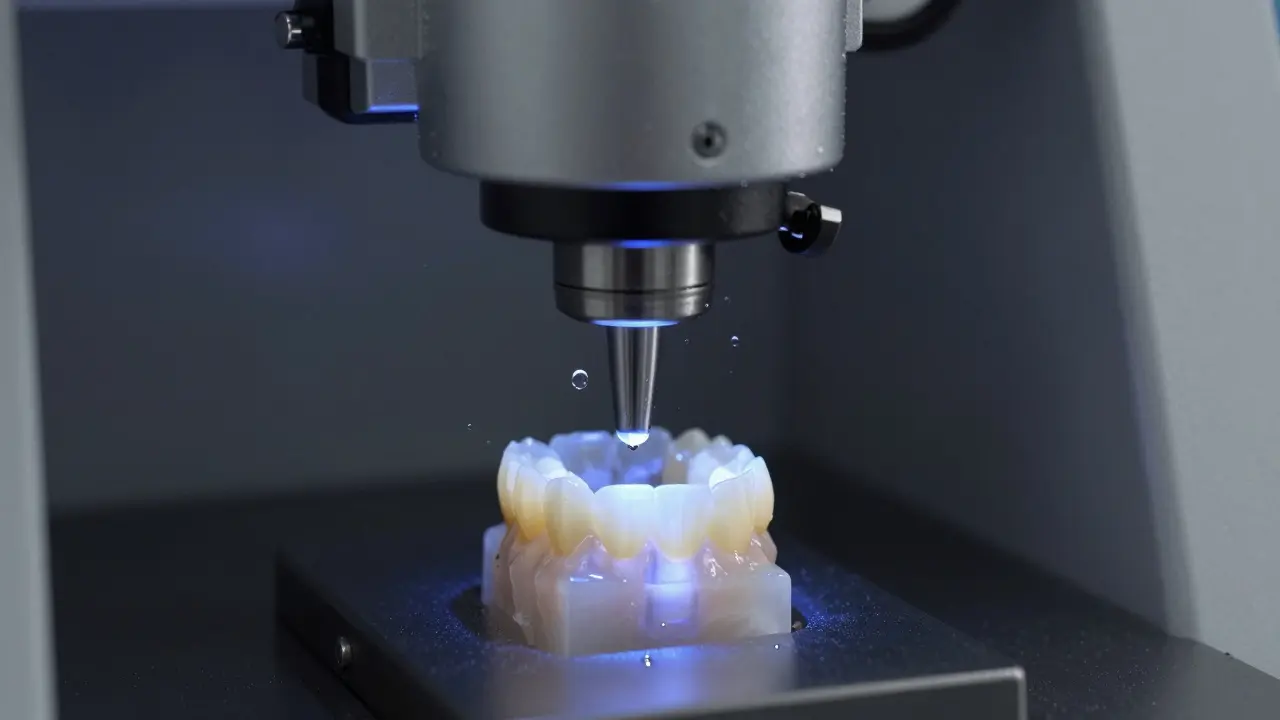 Digitální frézování zirkoniové korunky v moderní laboratoři