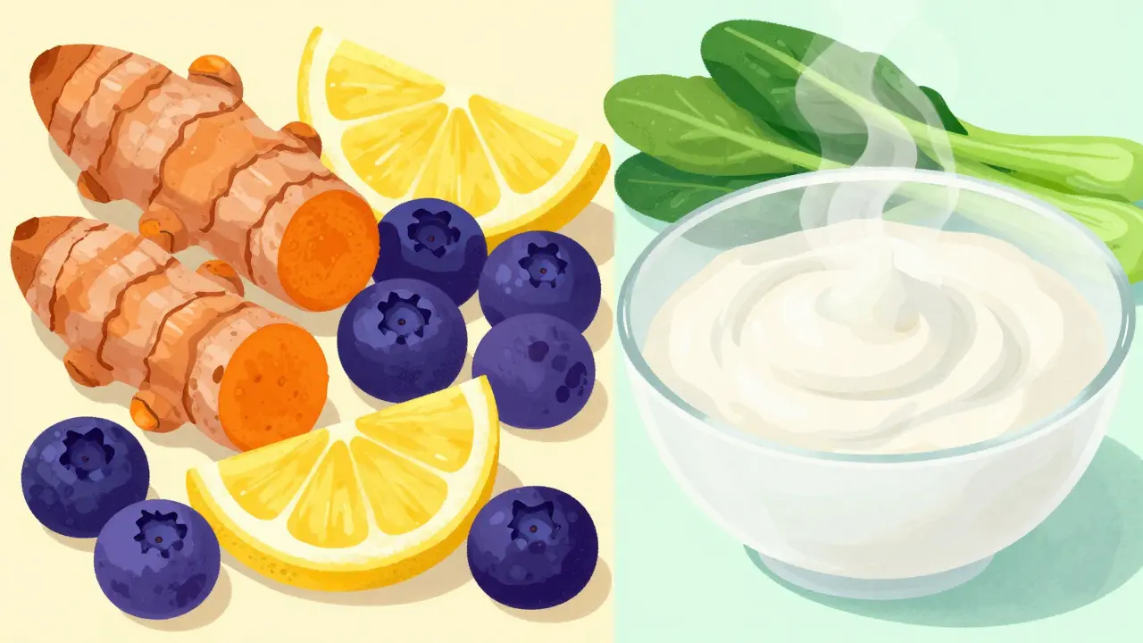 Koláž potravin rozdělená na rizikové barvividé potraviny a šetrné bílé jogurty a zeleninu.