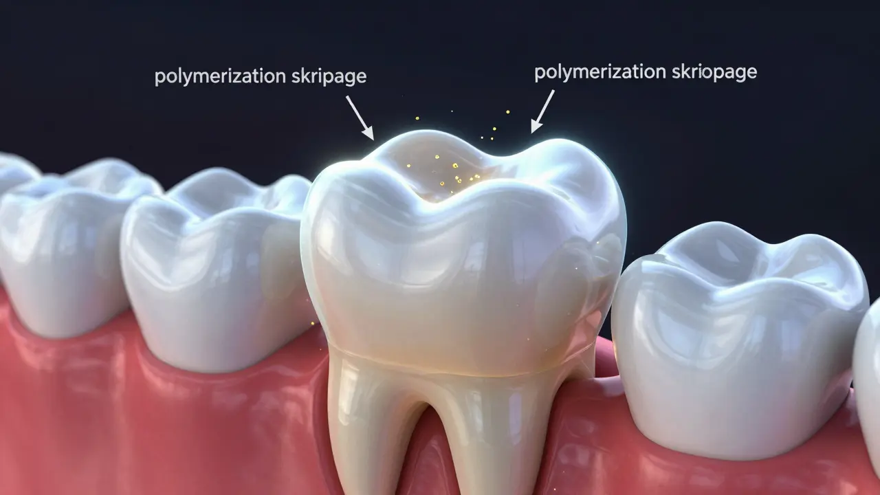 Konceptuální 3D model zubu znázornující vnitřní tlak a napětí ve výplni.