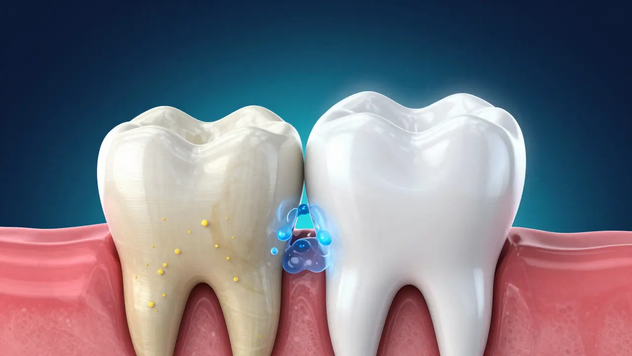 Konceptuální 3D vizualizace procesu bělení zubů a odstranění pigmentů.