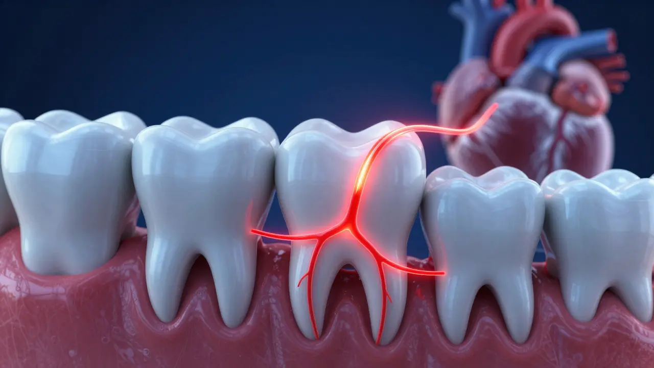 Konceptuální ilustrace spojení zánětu dásní a zdraví srdce.