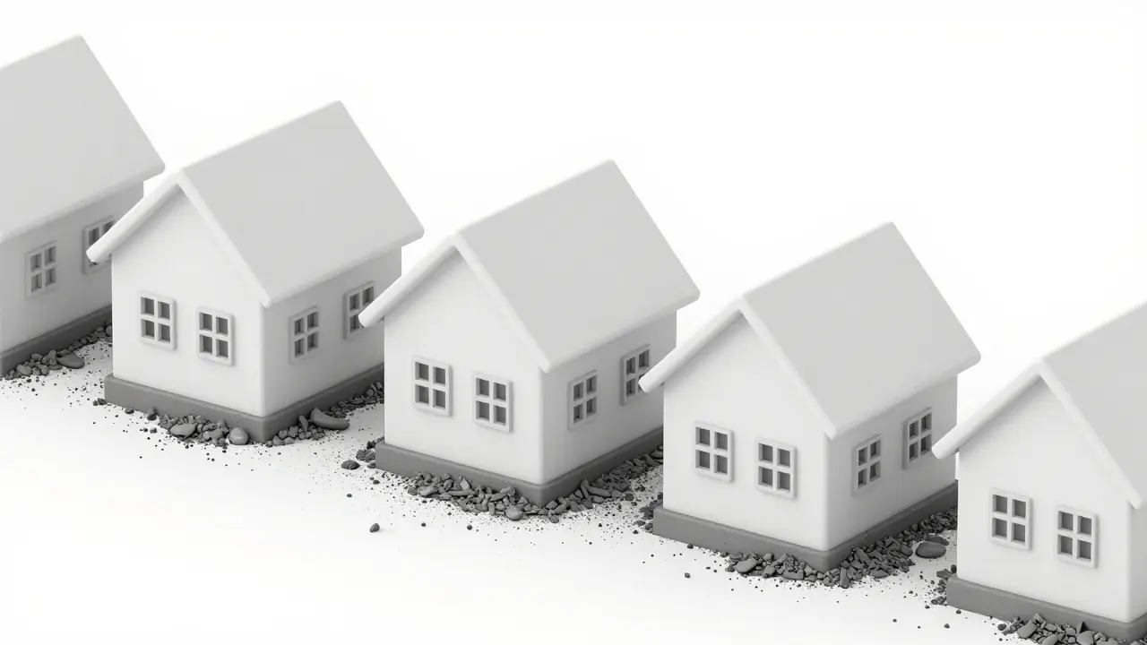 Konceptuální ilustrace zubů jako řady domů s nečistotami v úzkých uličkách.