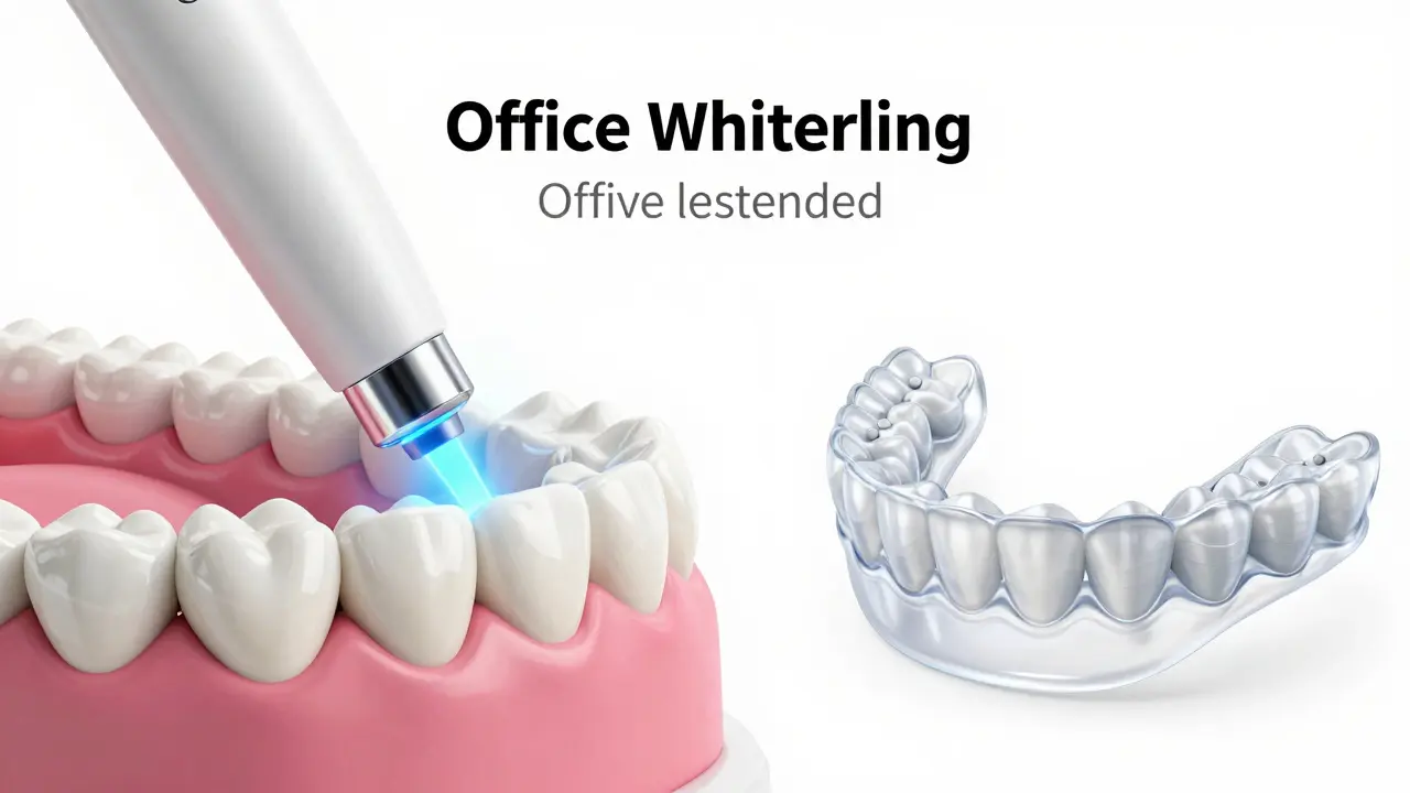 Konceptuální znázornění laserového bělení zubů a individuálních bělících šablon.