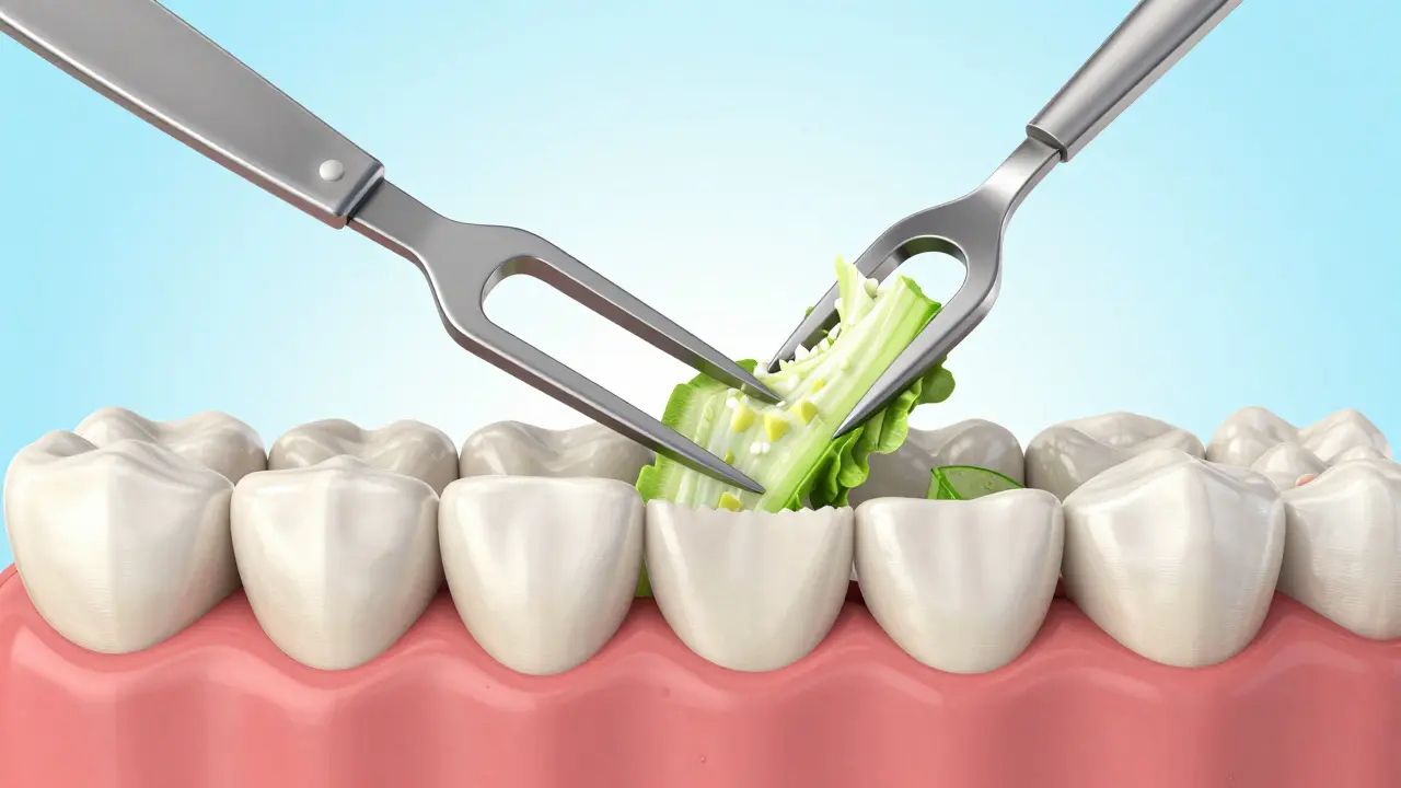 Konceptuální znázornení procesu žvýkání a funkce premolárů při drcení potravy.