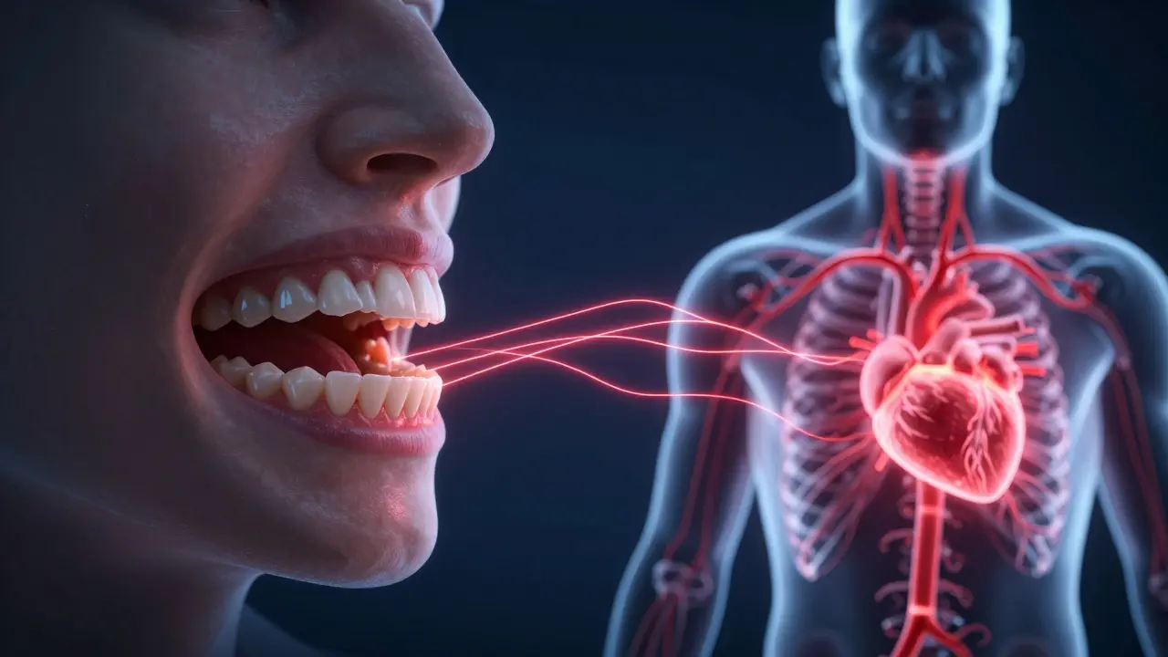 Konceptuální znázornění spojení mezi zánětem dásní a srdečním oběhem.