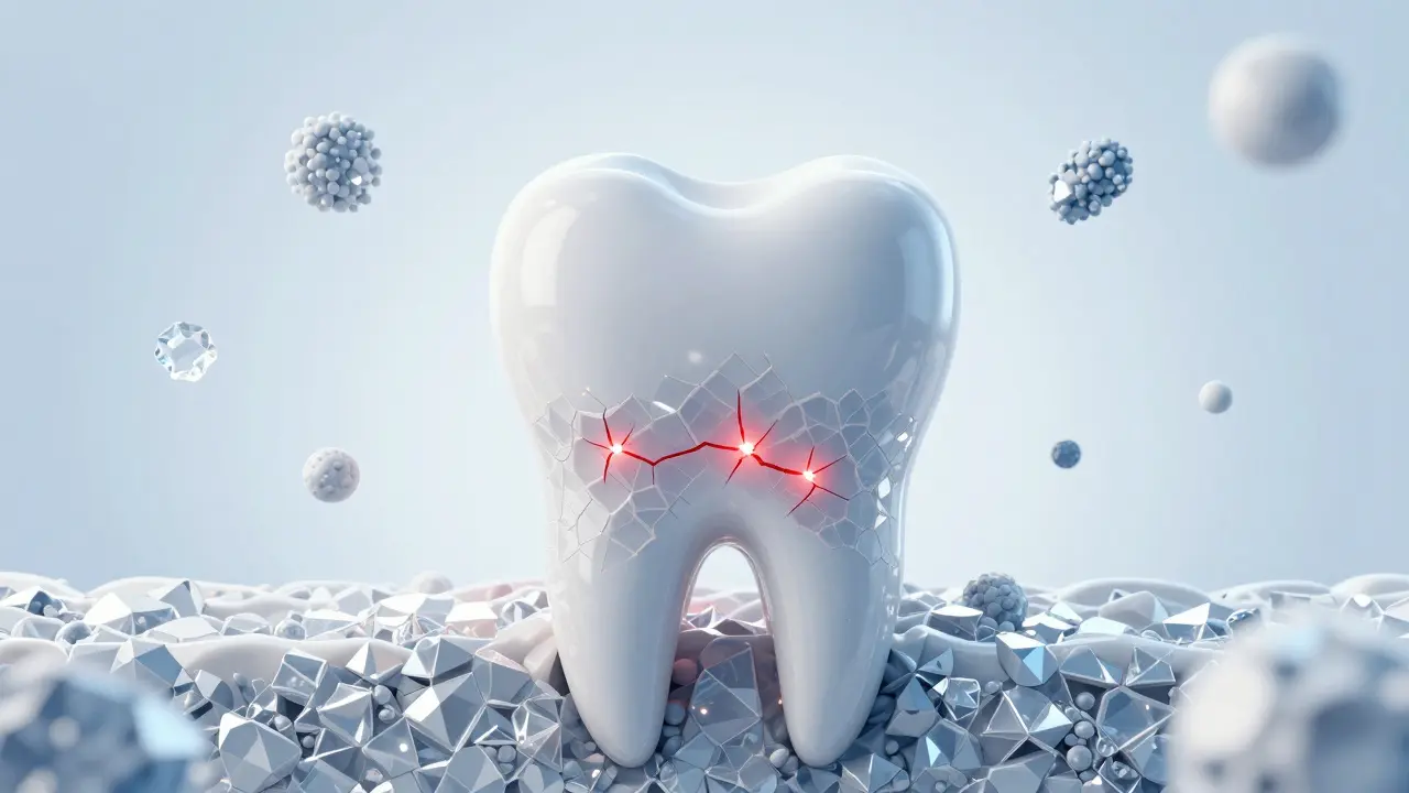Konceptuální zobrazení krystalické struktury zubní skloviny s mikroprasklinami.