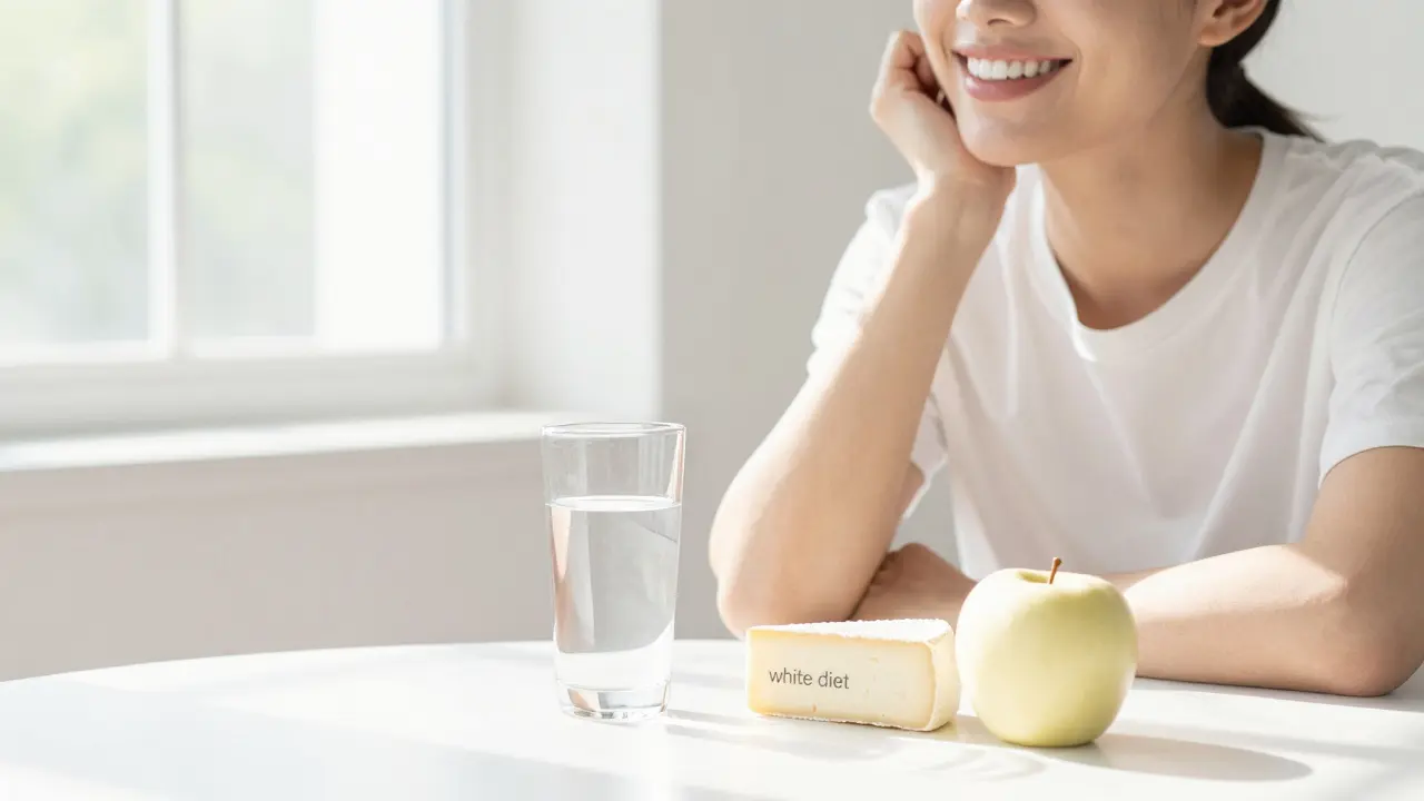 Křivka zdravého bílého úsměvu vedle potravin z bílé diety na světlém stole.