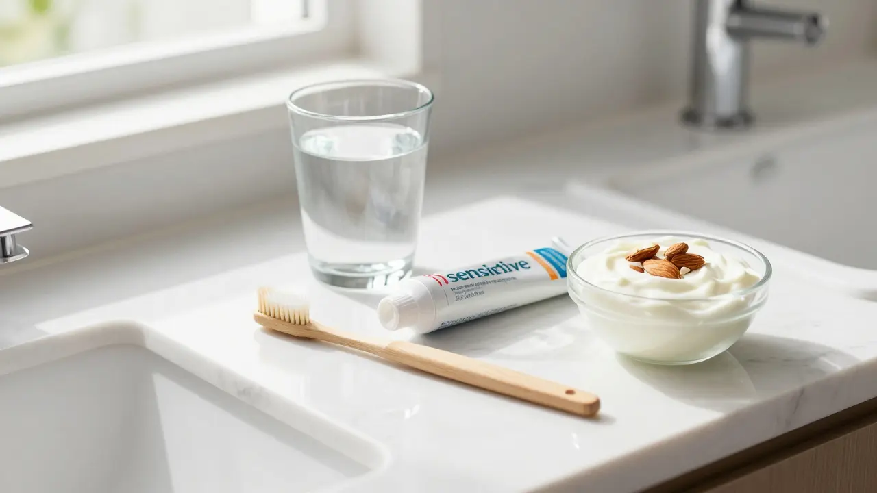 Měkký kartáček, pasta na citlivé zuby a zdravé potraviny na koupelnové poloce.